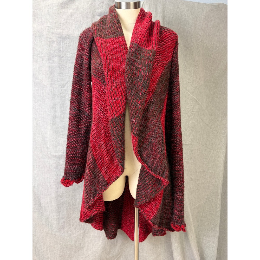 Alpaca Connection Red Gray Knit Waterfall Cardigan XL Peru‎